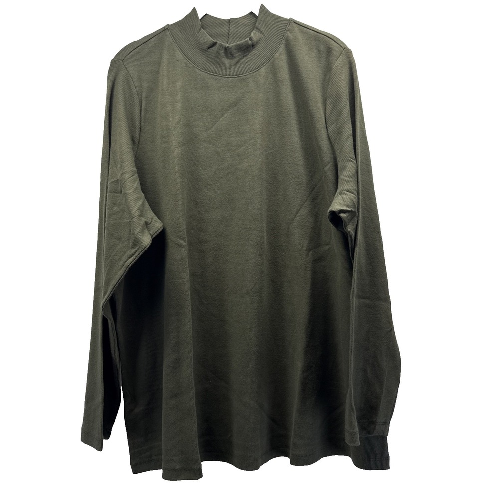 Denim & Co Women's Sweater Top Size 1X Plus Solid Olive Green Mock Neck Long Slv
